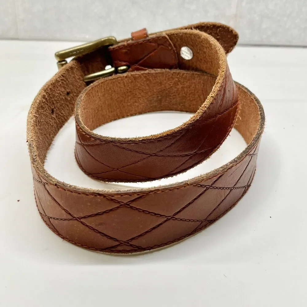 Vtg Tan Brown Leather Belt Mens Womens Size 32 S Quilted Brass Distressed Taiwan